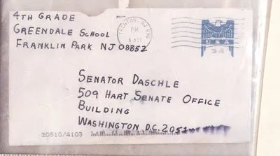 Photograph: Envelope sent to Senator Tom Daschle. FBI evidence photograph, October 2001