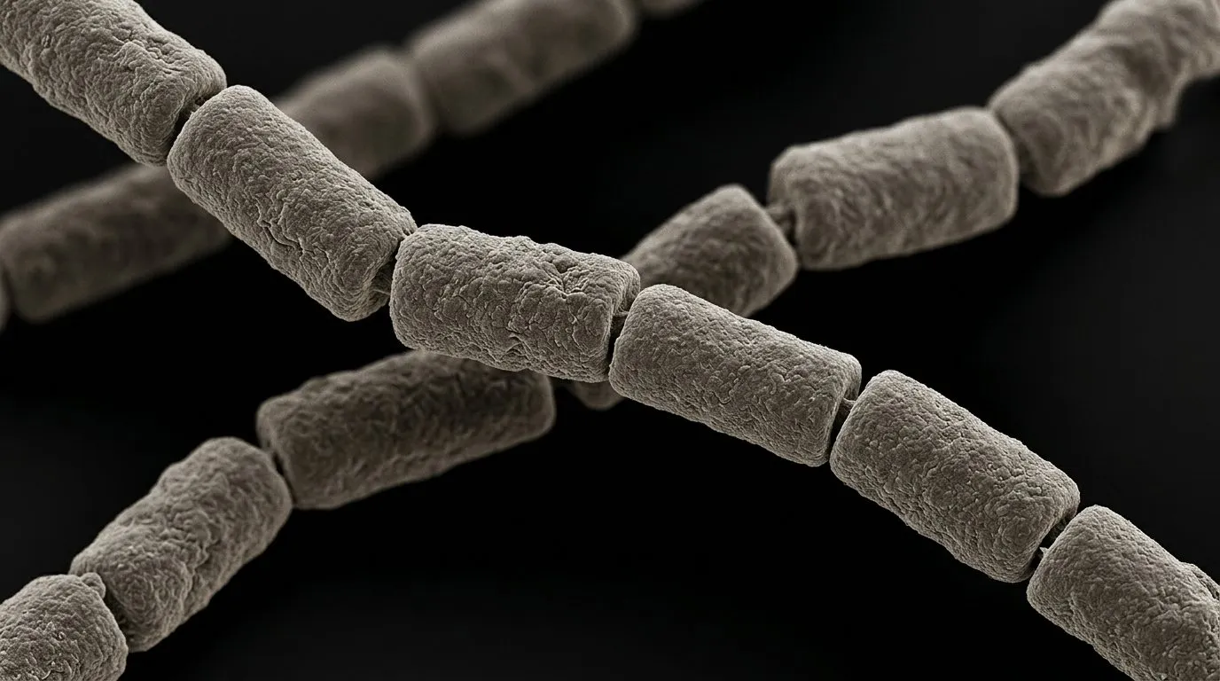 Rendering: Bacillus anthracis in a chain. Illustrative rendering, not a real micrograph