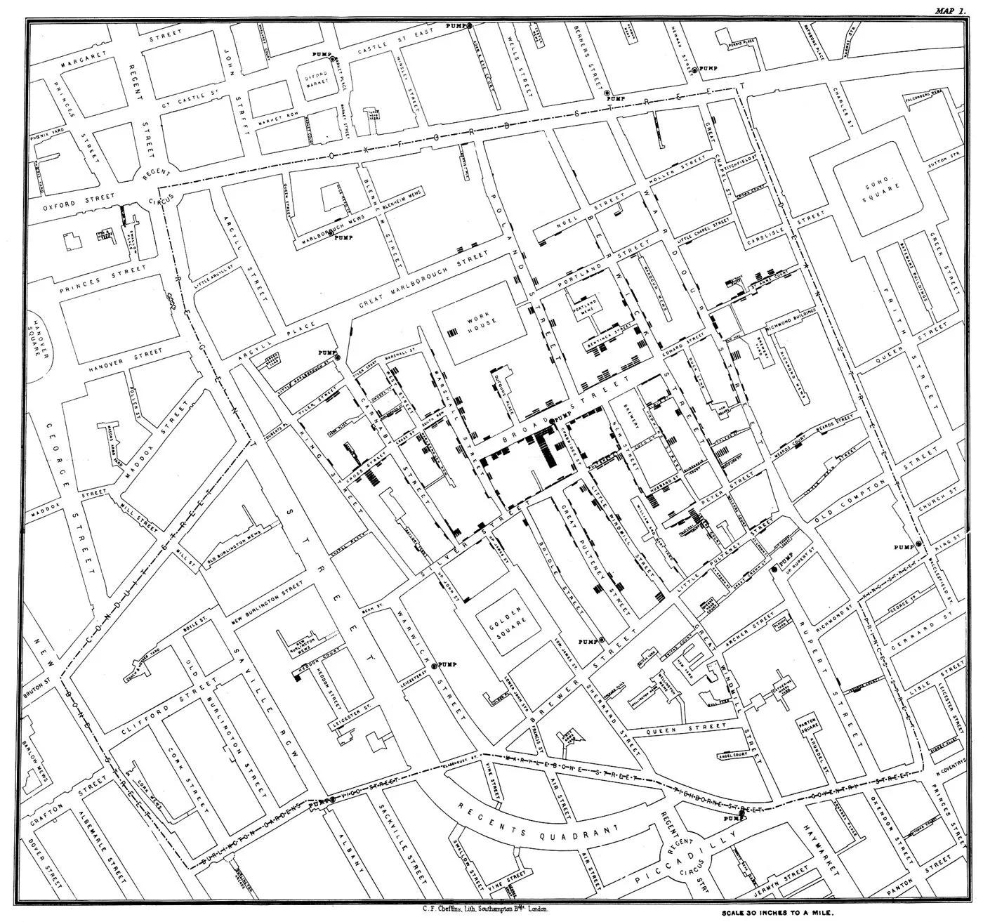 Map: John Snow’s map of the Broad Street outbreak. London, 1854