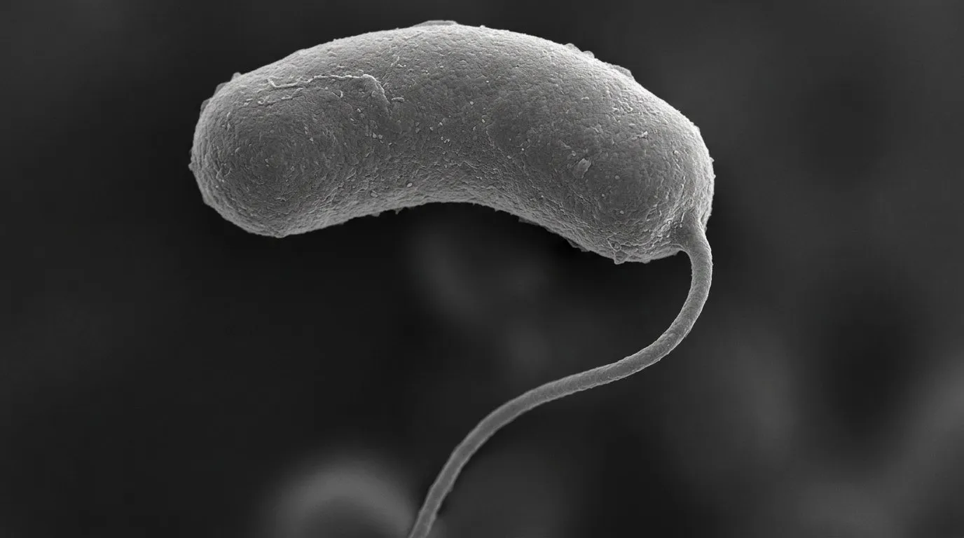 Rendering: Vibrio cholerae. Illustrative rendering, not a real micrograph