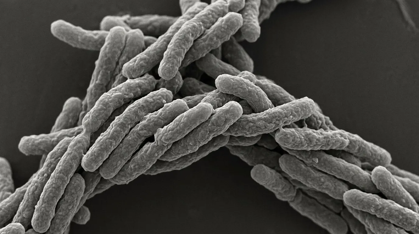 Rendering: Mycobacterium tuberculosis in a cord. Illustrative rendering, not a real micrograph