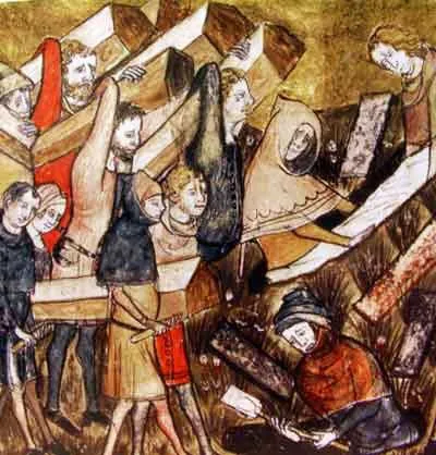 Illustration: Burying plague victims in Tournai. Manuscript miniature, 14th century